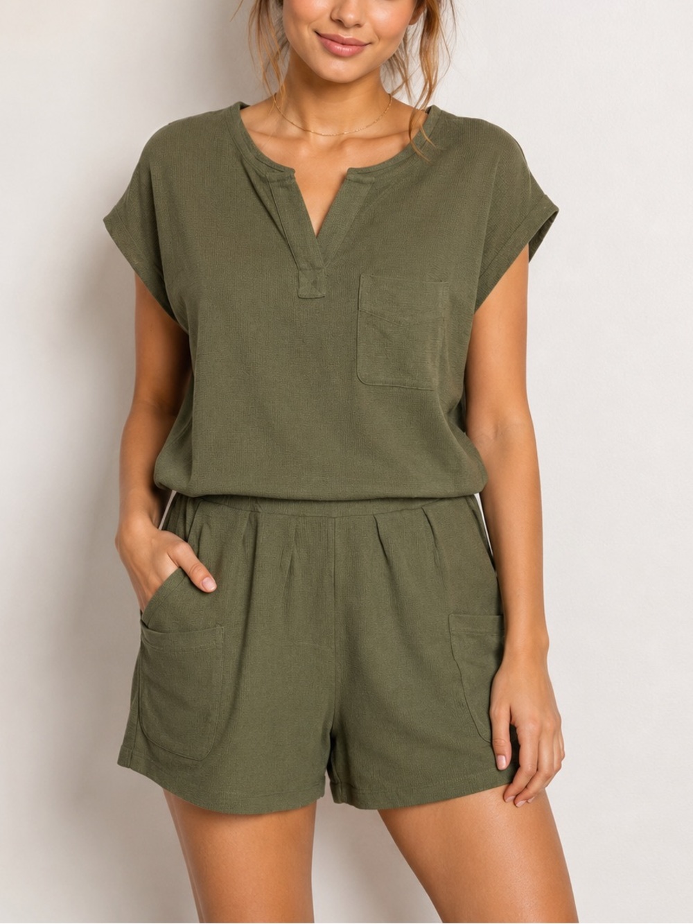 2pc set Casual Olive Green Shorts Set Short Sleeve Top and Shorts